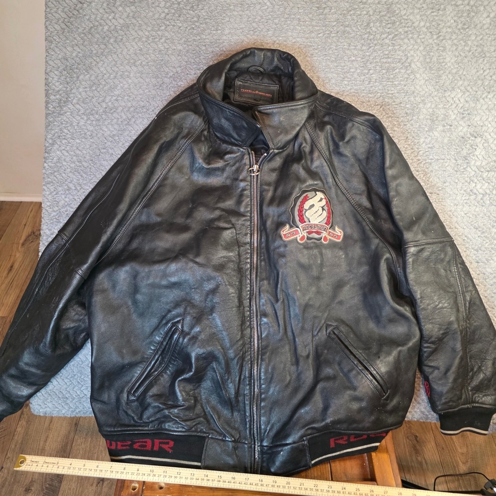Rocawear Mens 5XL Black Leather Bomber Jacket Vintage Embroidered Logo‎ NY 2000s
